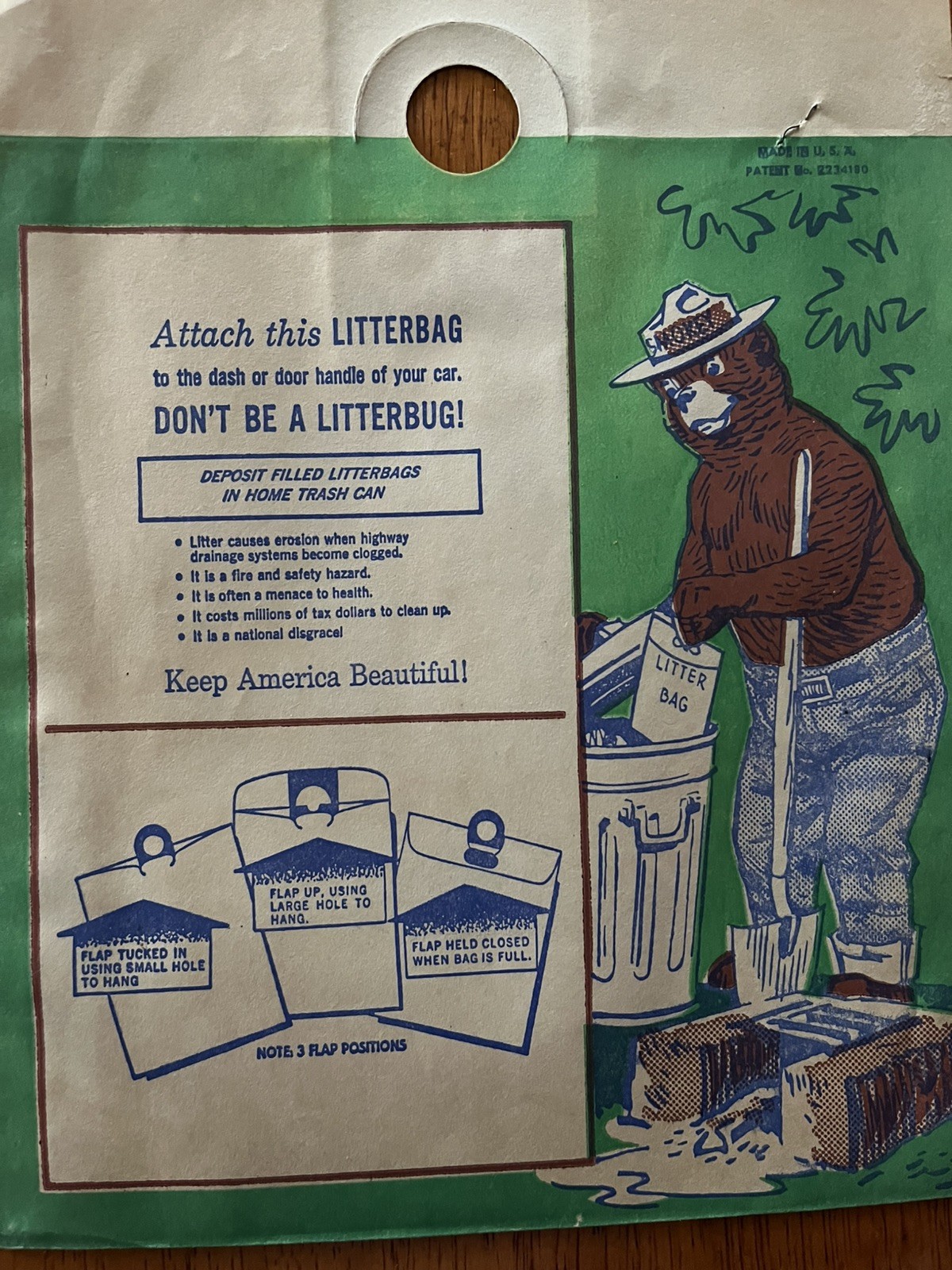 Vintage Forest Service Keep America Green & Clean “ Smokey the Bear “ Litter Bag