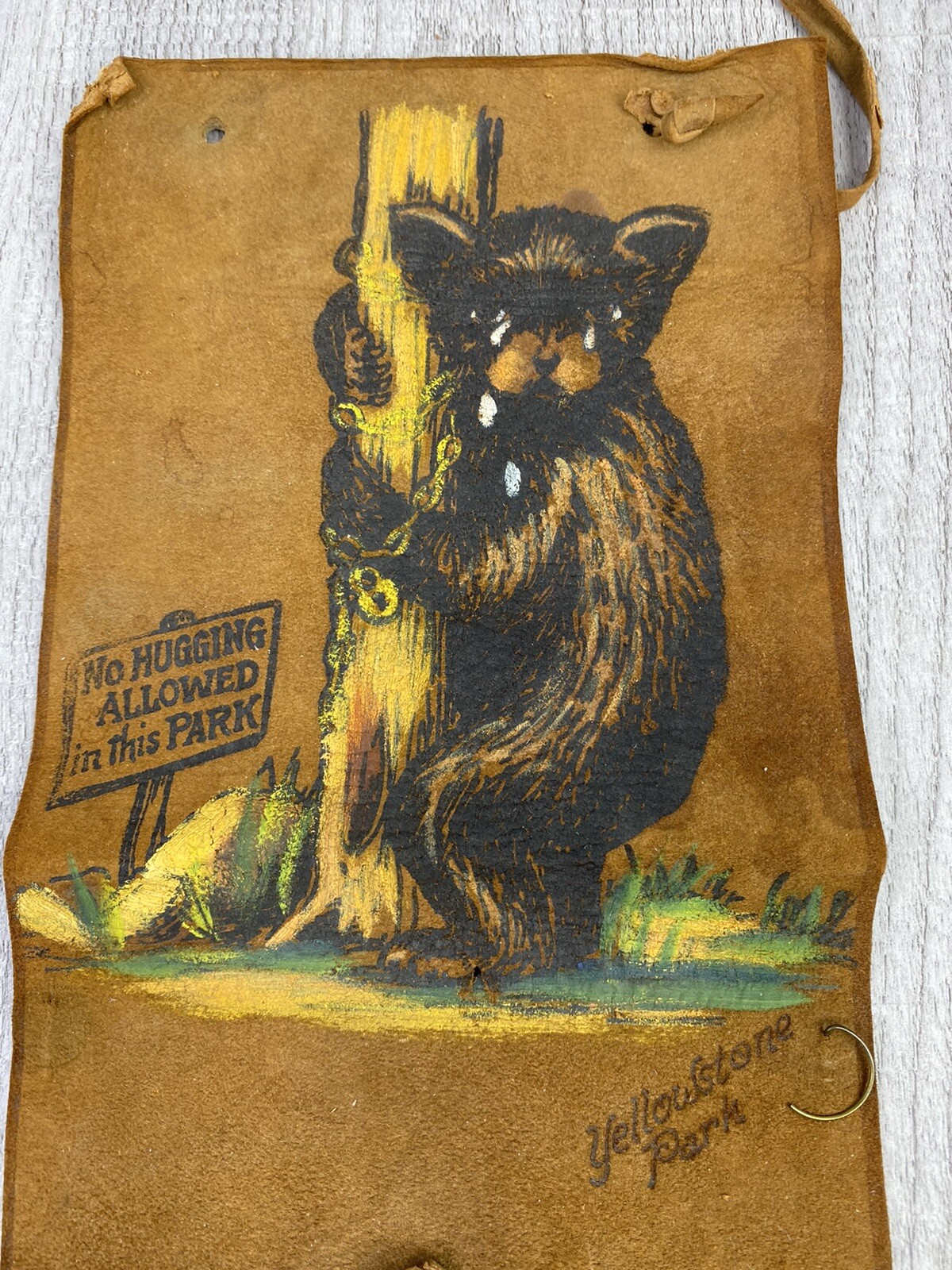 Rare Vintage / Antique Leather Bear Yellowstone National Park Souvenir Tie Hang