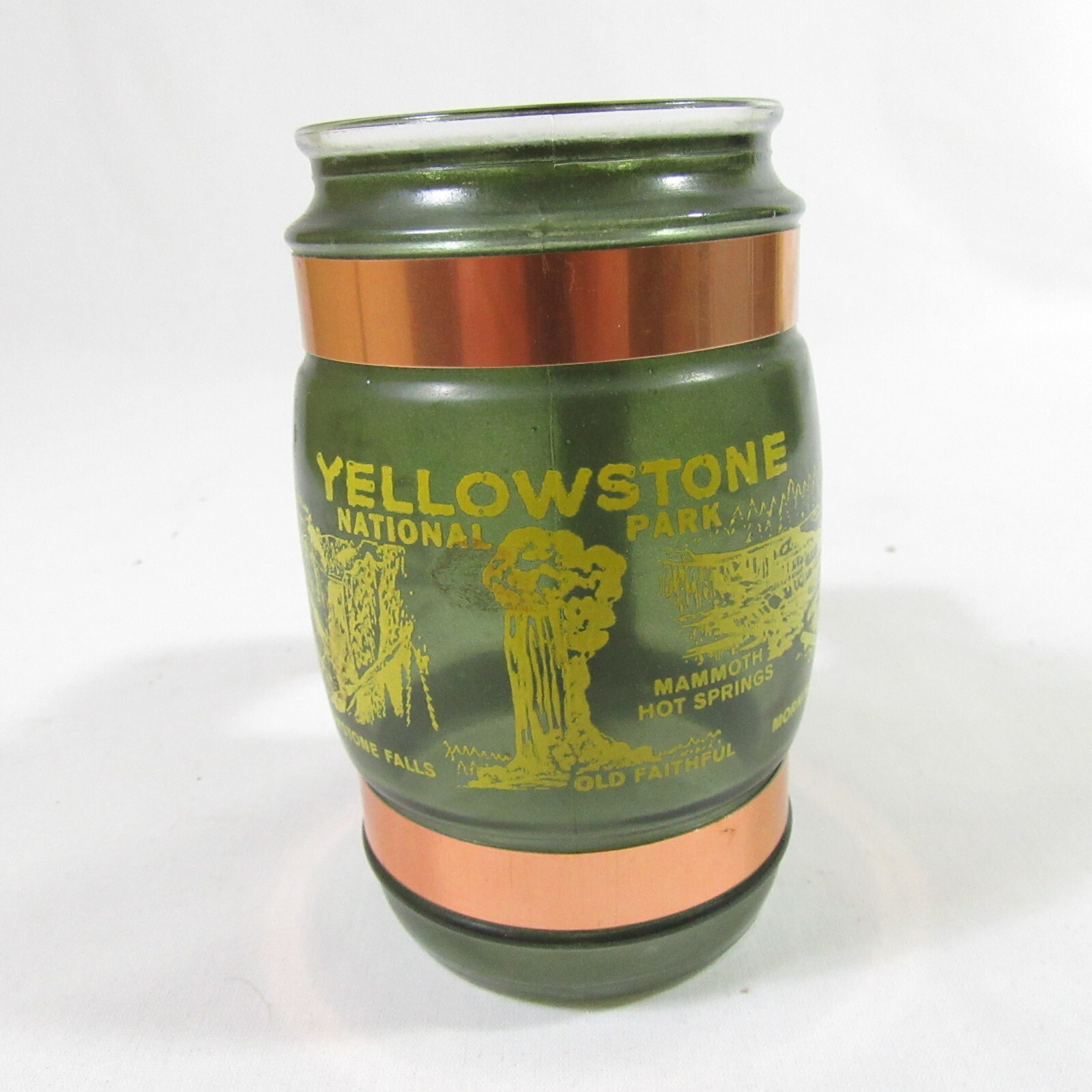 1970s Siesta Ware Souvenir Yellowstone National Park Rare Green Glass Mug w Wood