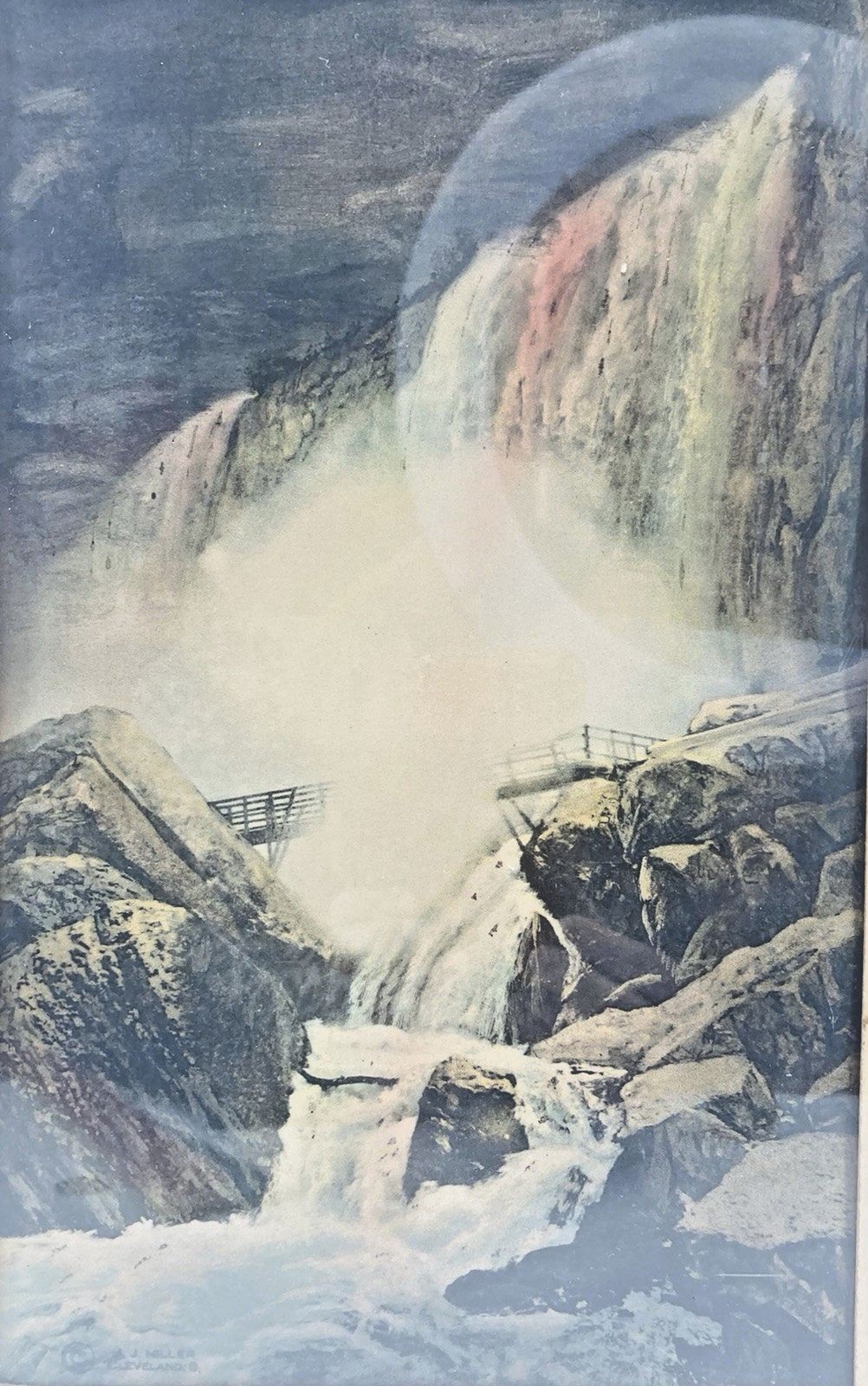 Antique Niagara Falls Framed Print Hand Colored Rock of Ages Cave of the Winds