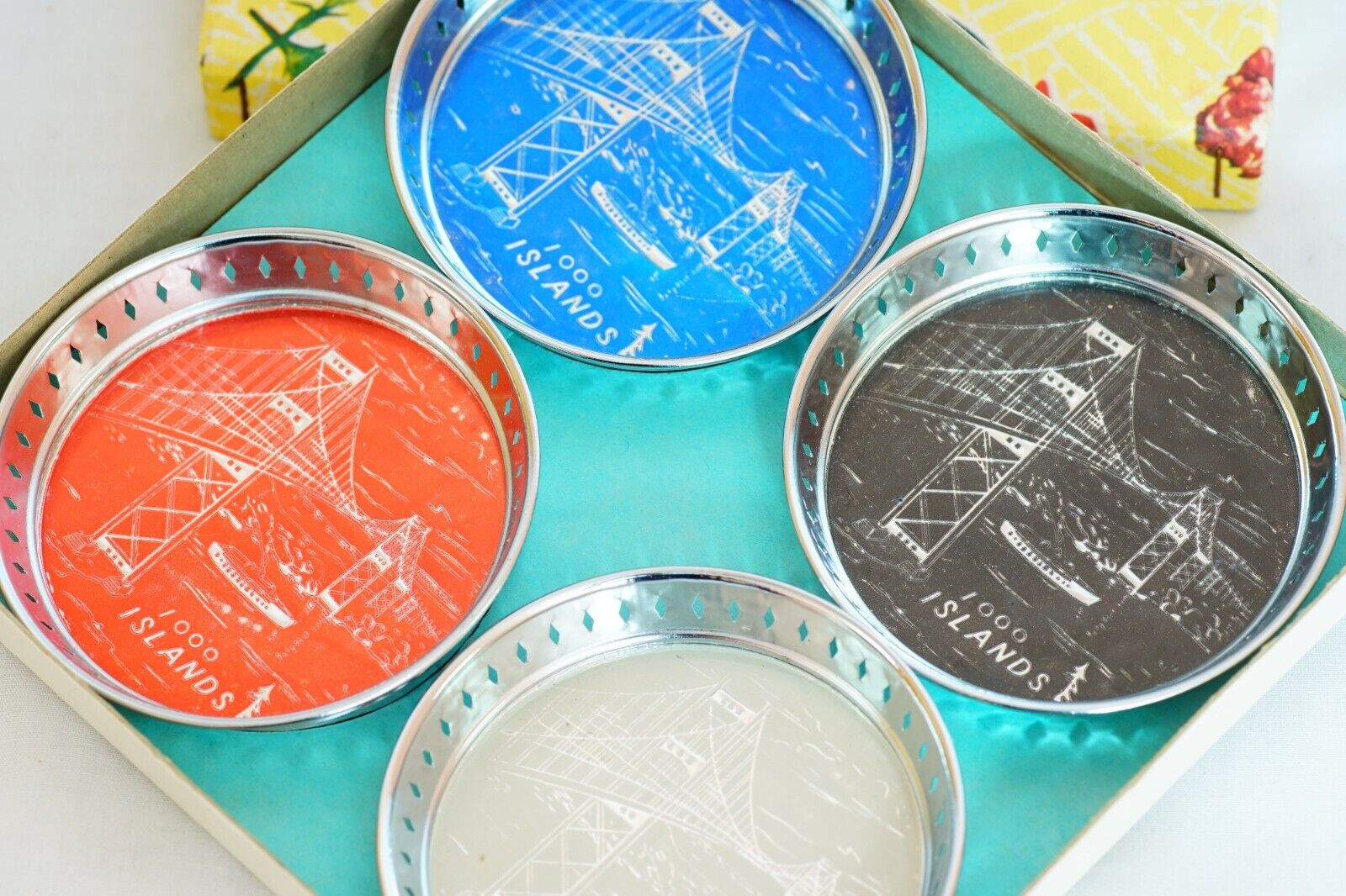 Vintage Mid-Century 1000 Islands NY Bridge Souvenir Drink Coaster Set Unused