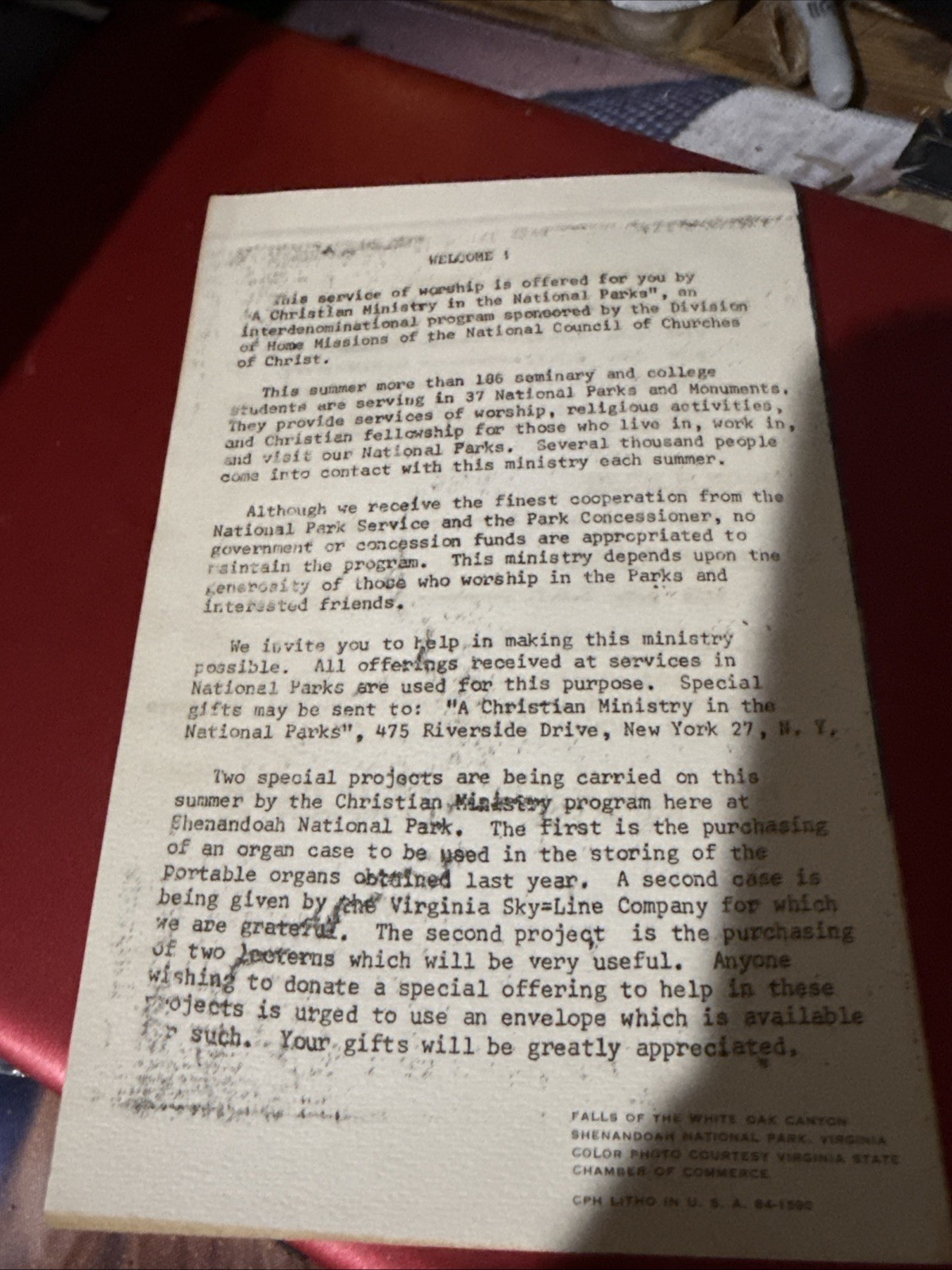 Shenandoah National Park VA 1963 Church Service Pamphlet