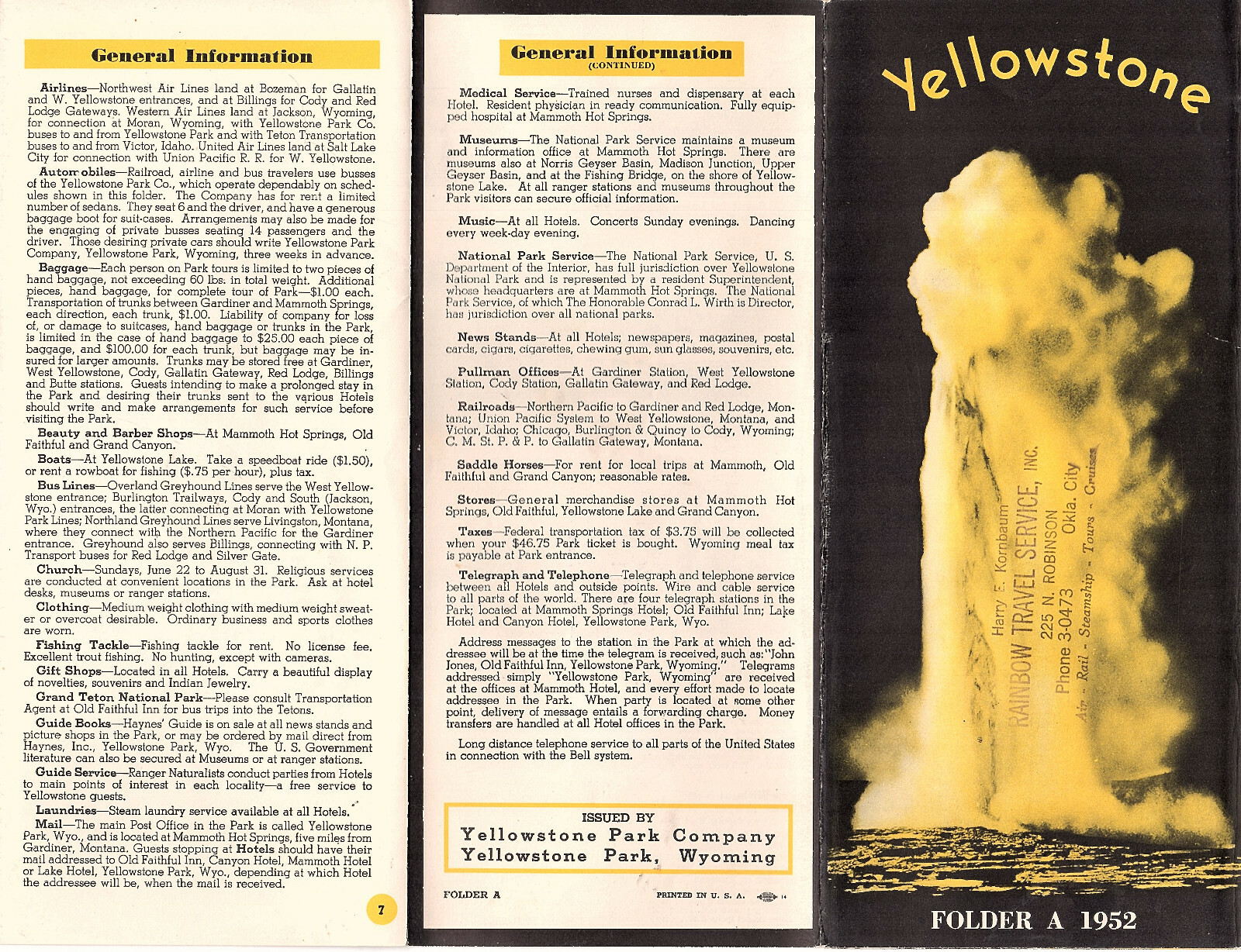Yellowstone National Park 1952 Foldout Brochure Lodging Tours Photos Small Map