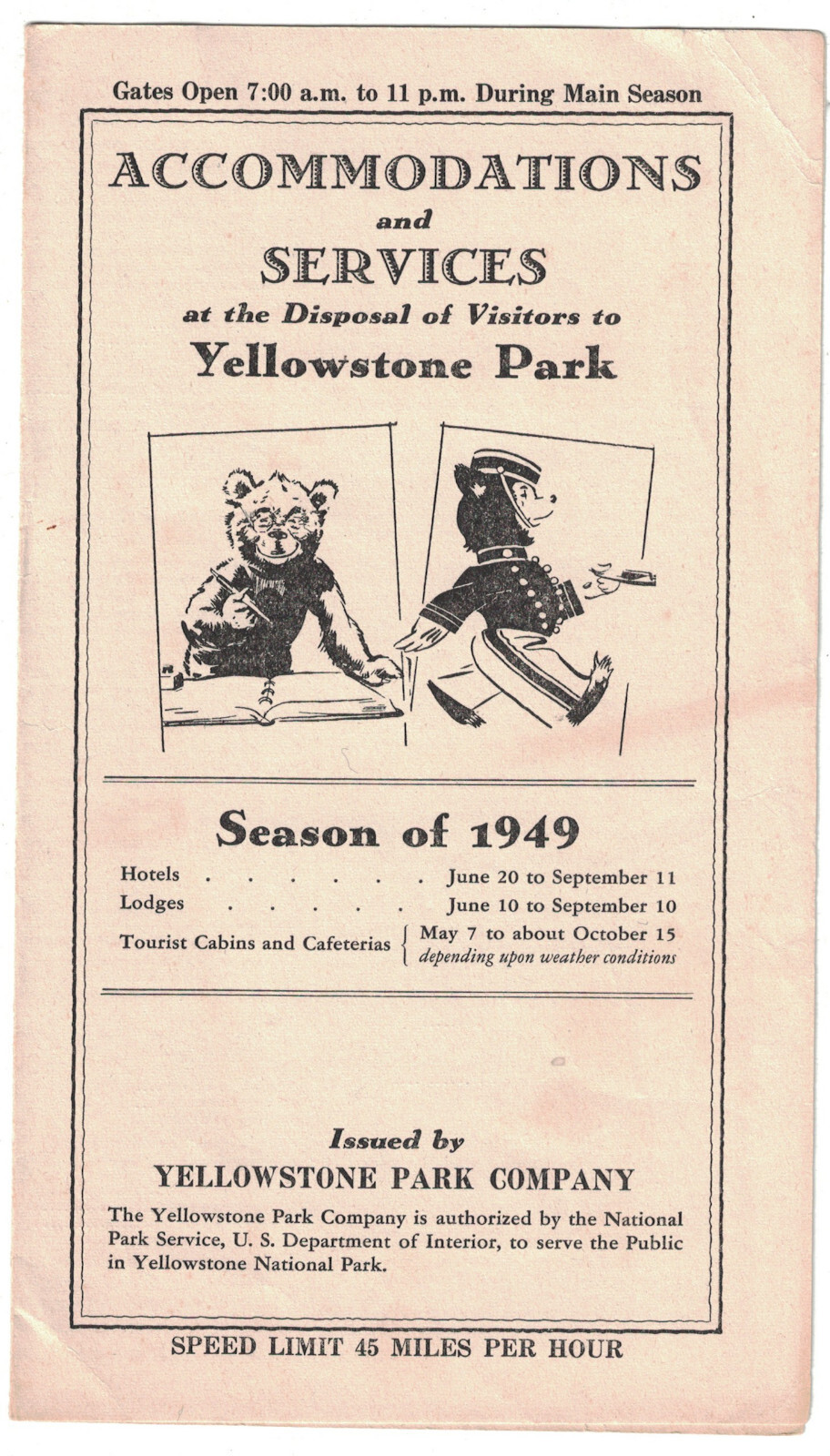 Yellowstone Park Accommodations Services Rates Brochure w MAP 1949