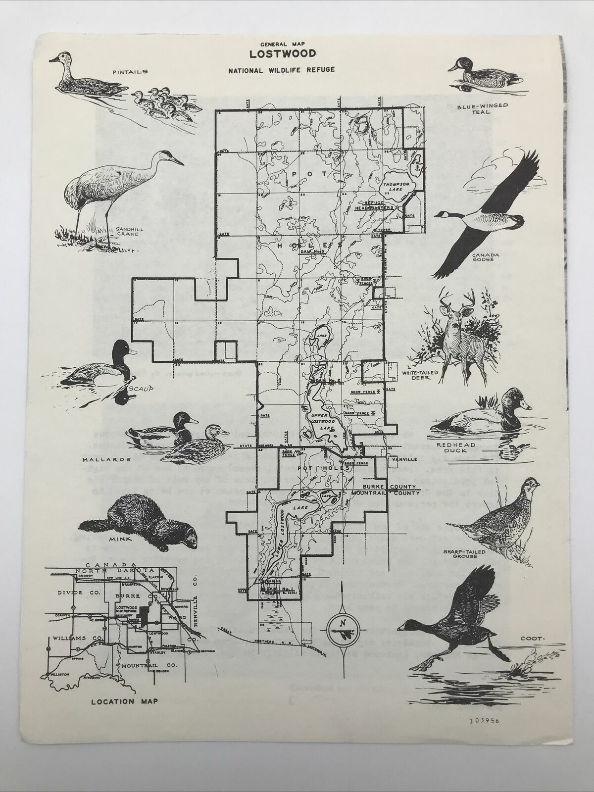 1961 LOSTWOOD NATIONAL WILDLIFE REFUGE Kenmare, North Dakota Travel Brochure Map