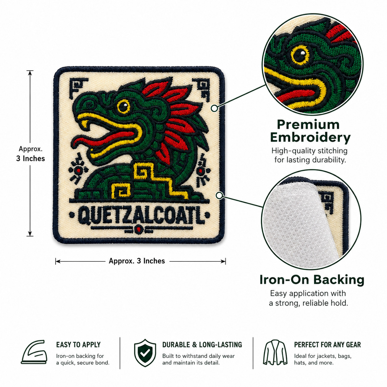 Quetzalcoatl Aztec Feathered Serpent 3 Inch Iron-On Embroidered Patch