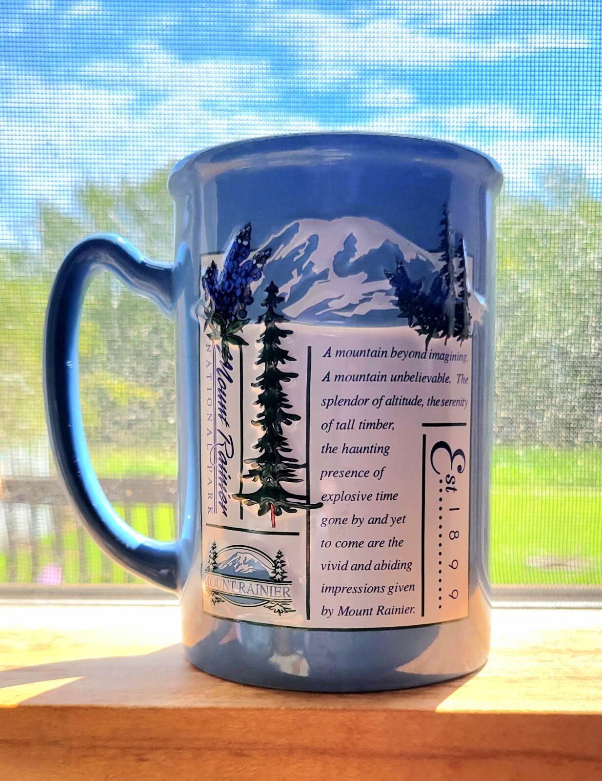 Mount Rainier National Park 14oz Souvenir Poem Coffee Mug Cup Blue Vtg 1990s