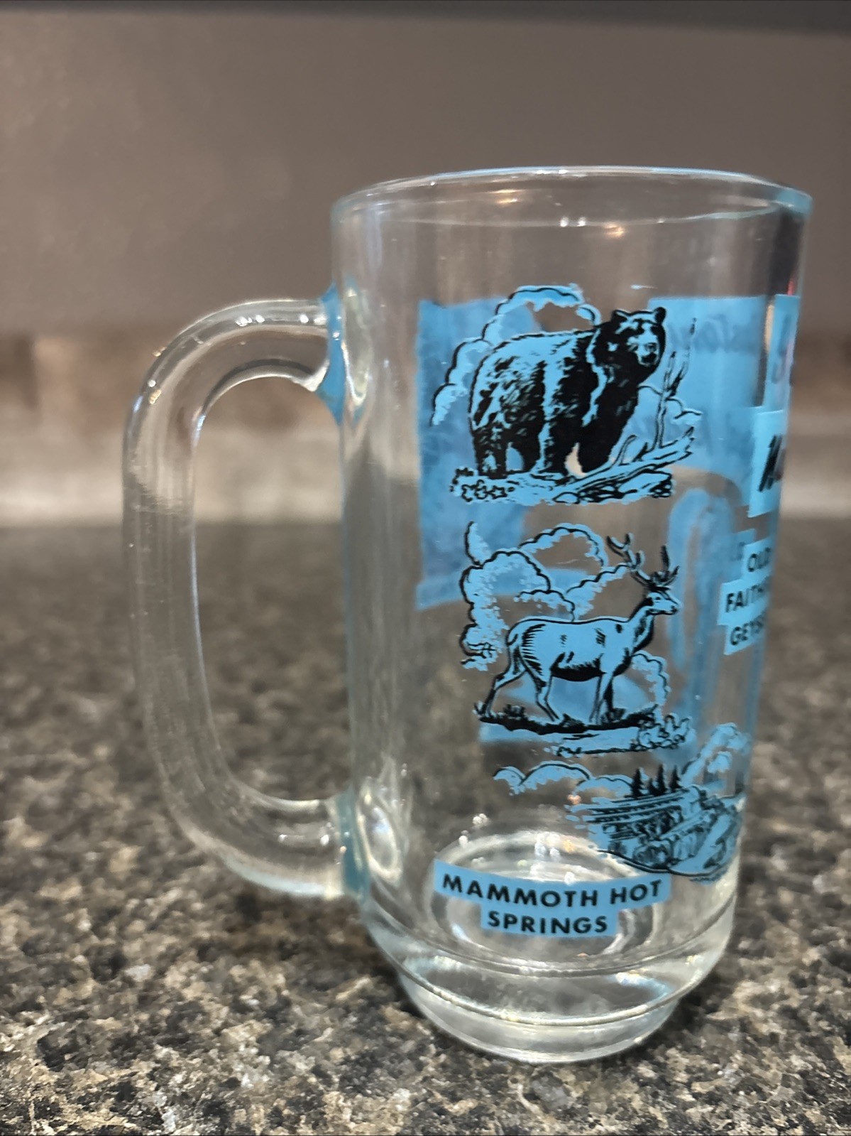 Vintage Blue and Black Yellowstone National Park Old Faithful Glass Mug souvenir