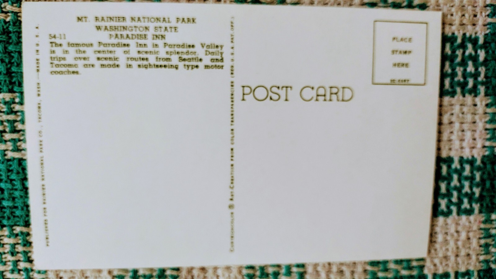POST CARD MT.RAINIER NATIONAL PARK PARADISE INN WASHINGTON