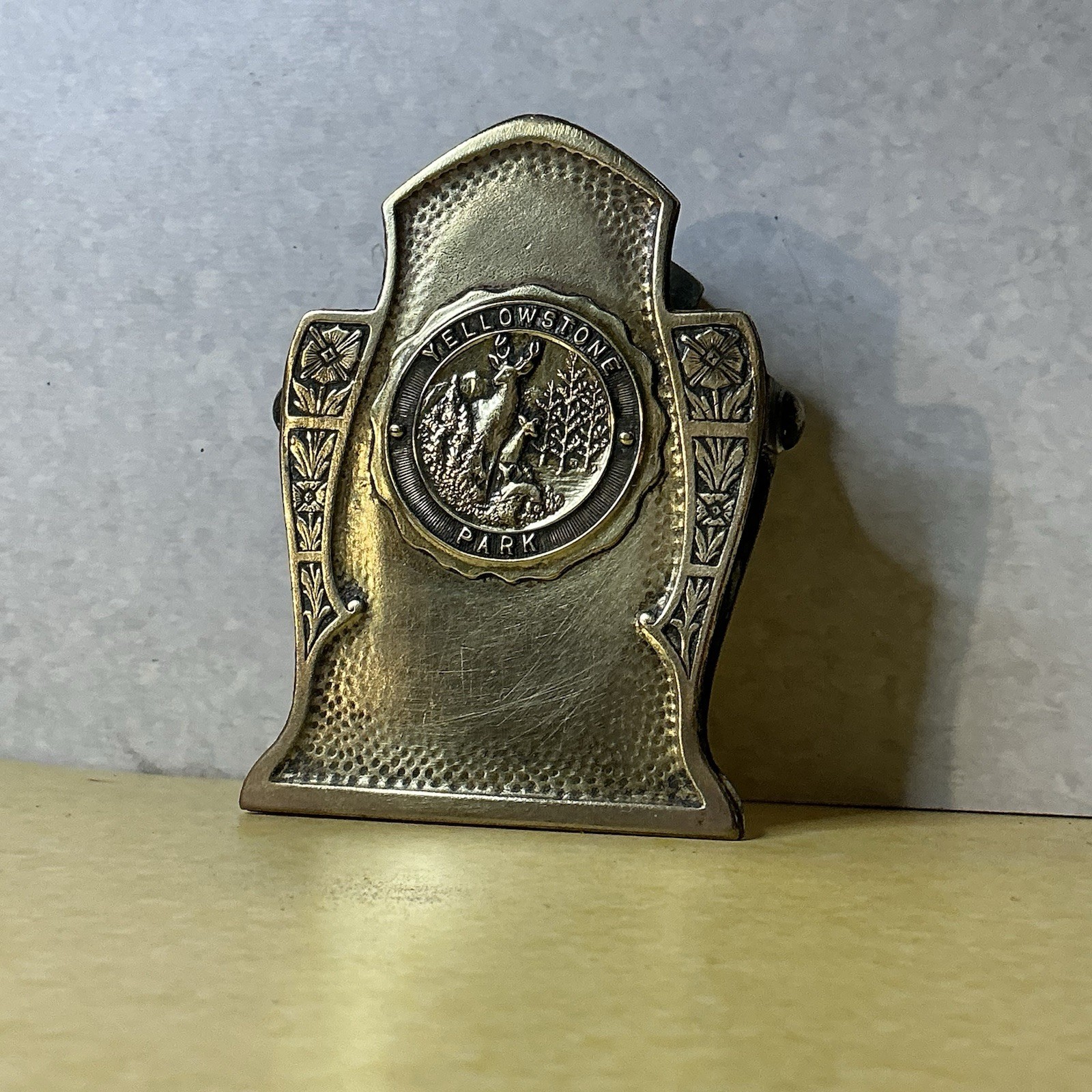 Antique Brass Yellowstone Park Souvenir Desk Binder Clip Art Nouveau Robbins Co.