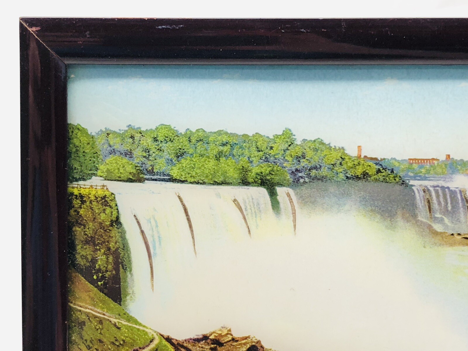 VTG Niagara Falls Lithograph Print Curved Glass Picture Wood Frame Stand Germany