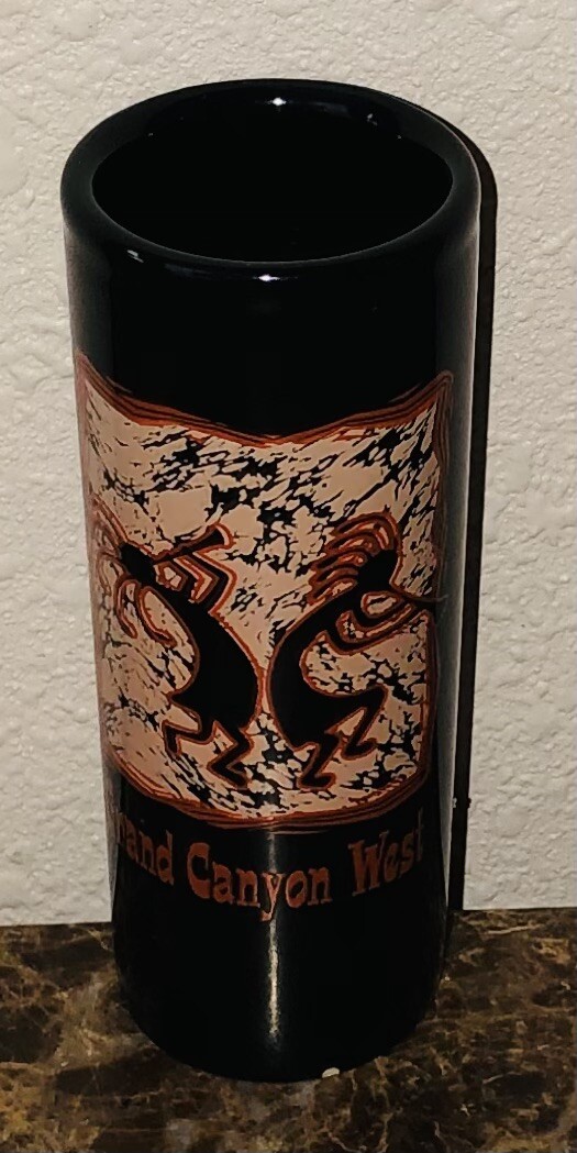 Vintage Grand Canyon West Tall Shot Glass Cave Drawing 4.5” Black Ceramic Glass