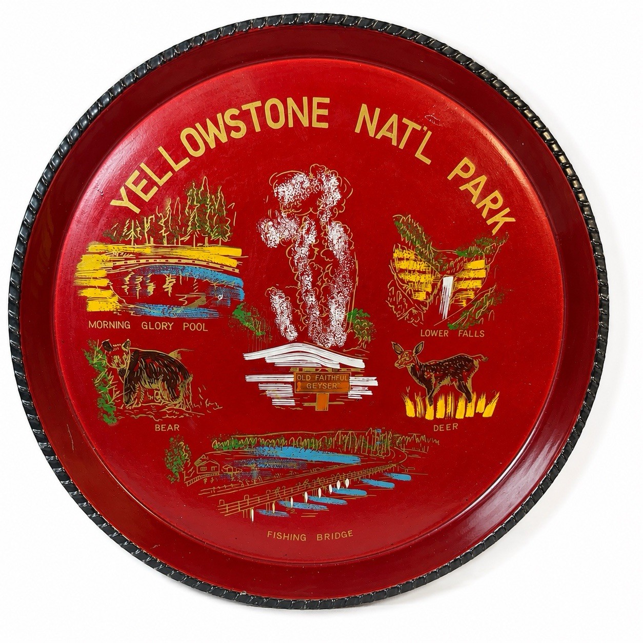 Vintage Yellowstone National Park Service Tin Serving Tray Old Faithful Souvenir
