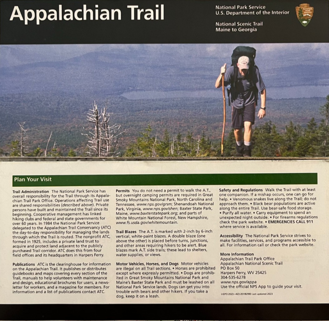 Newest APPALACHIAN TRAIL NATIONAL PARK SERVICE UNIGRID BROCHURE/MAP GPO 2023