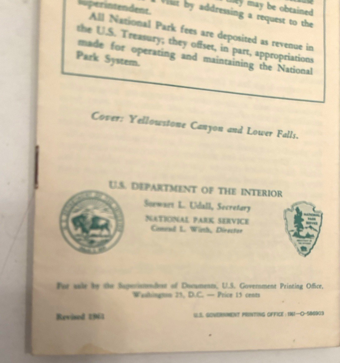 1961 Yellowstone National Park Wyoming US Dept Of the Interior Brochure Booklet