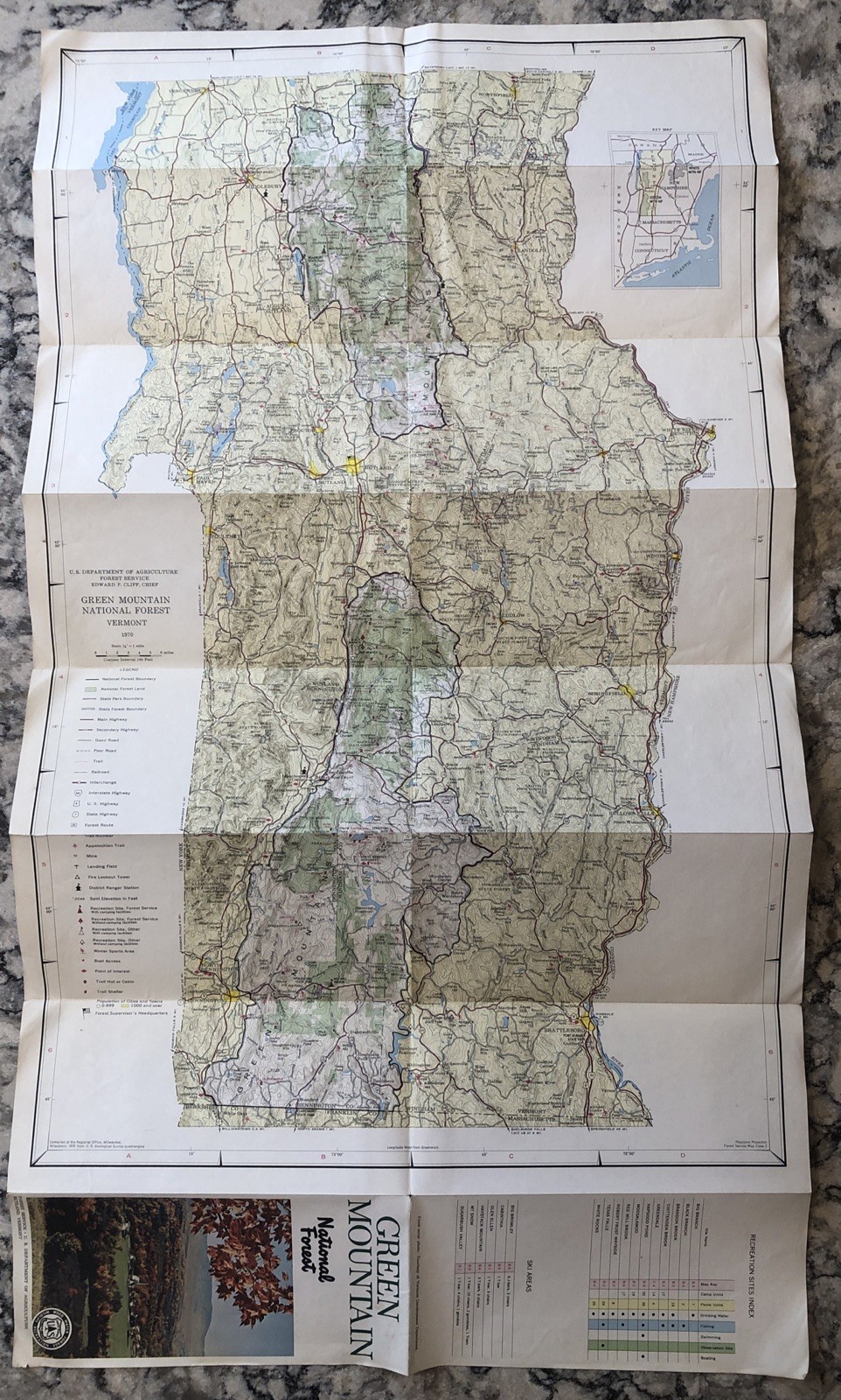 Vintage Green Mountain National Forest Vermont Map Brochure Pamphlet 1970 18”x32