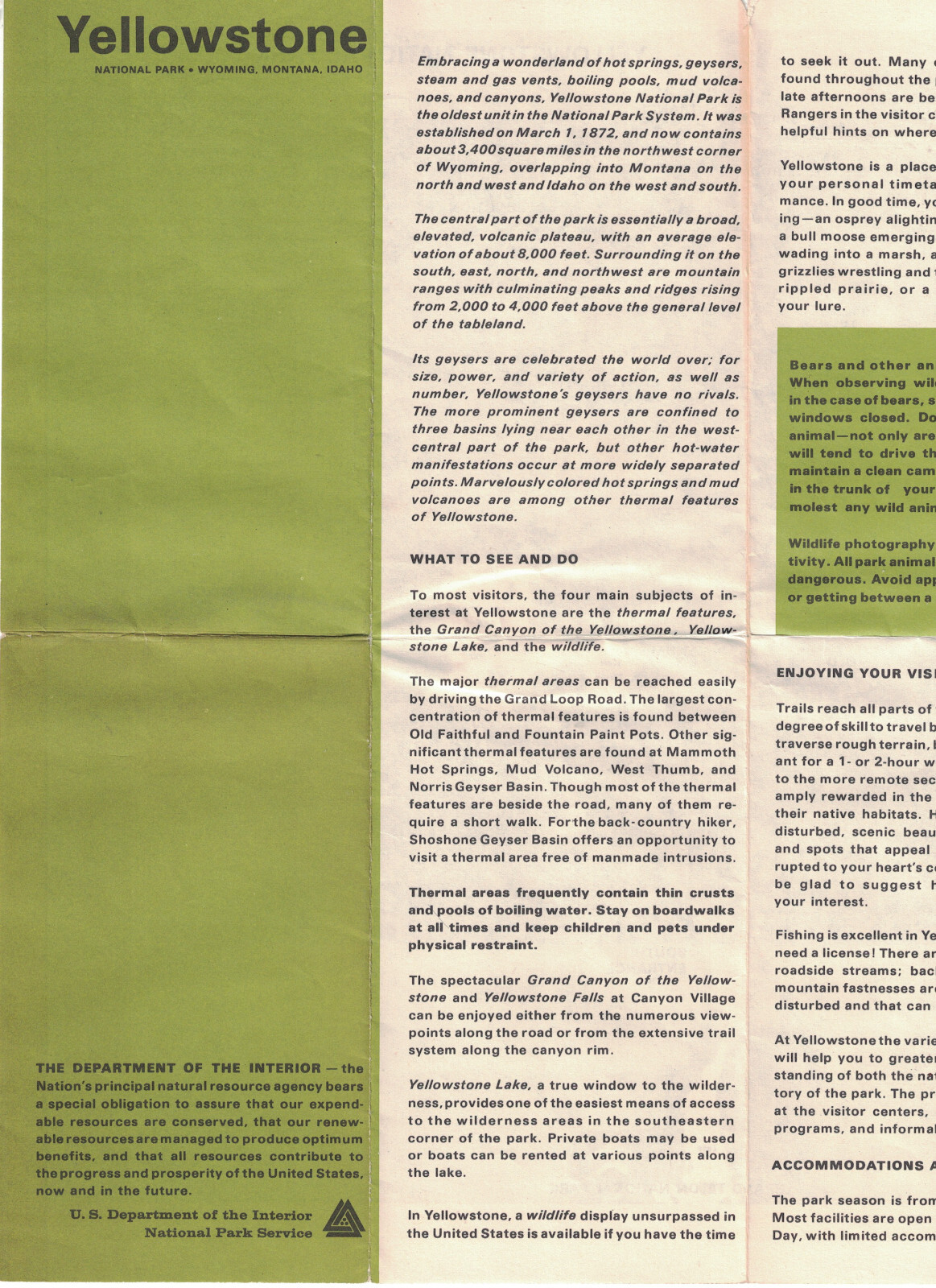 Yellowstone National Park Fold Out 1967 Map & Guide