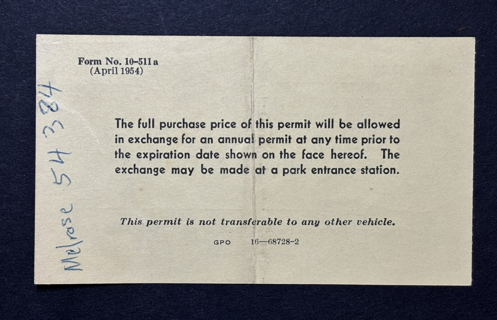 CAR PARKING PERMIT: 1956 YELLOWSTONE National Park Auto Permit