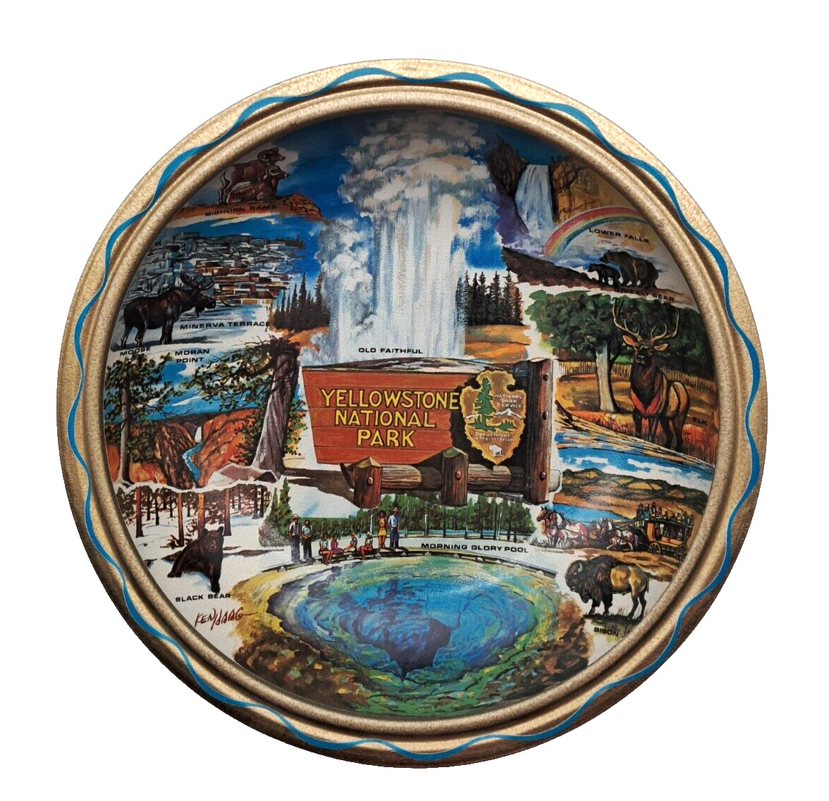VTG Yellowstone National Park Colorful Souvenir Tin Metal Bowl Ken Haag 1960s