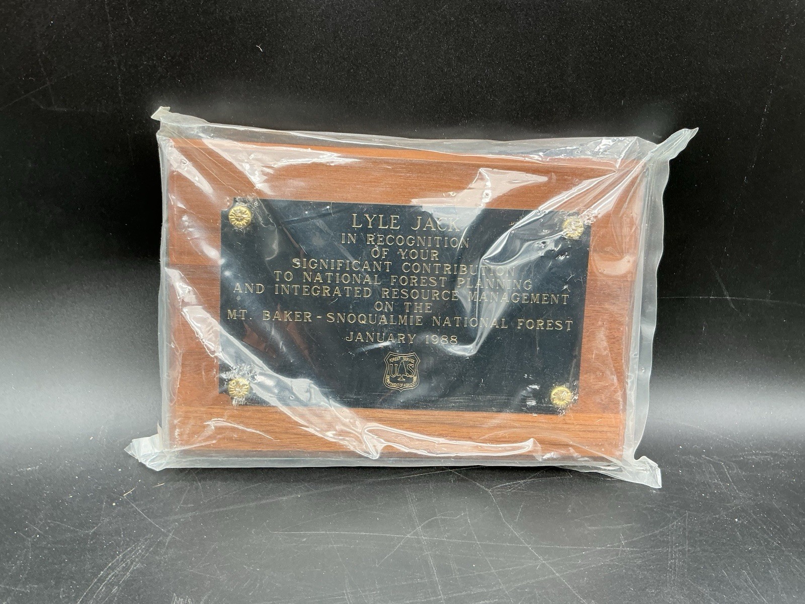 1988 USDA Forest Service Mt. Baker Snoqualmie National Forest Award Plaque 10×6
