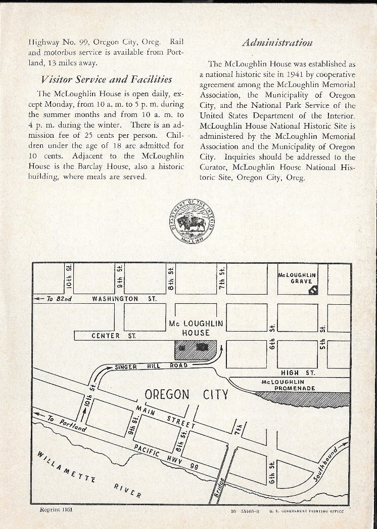 Official 1951 Map Brochure MCLOUGHLIN HOUSE NATIONAL HISTORIC SITE Oregon City