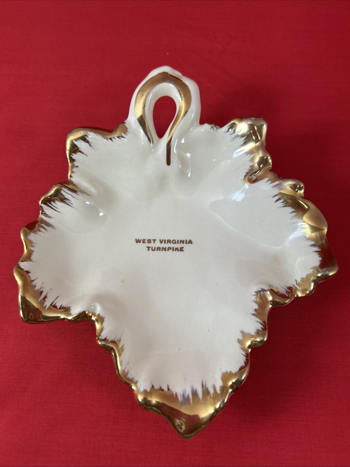 West Virginia Turnpike Porcelain Leaf Ashtray Trinket Dish Souvenir Vintage 7×6”