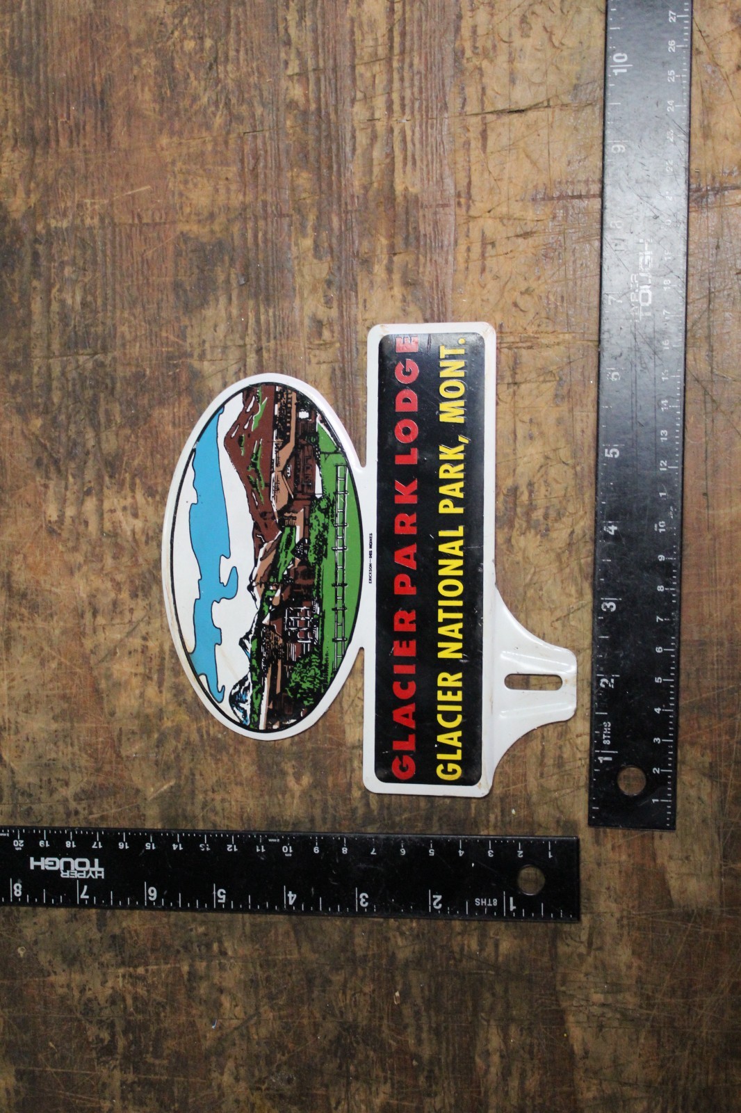 RARE 1950s GLACIER NATIONAL PARK LODGE MONTANA STAMPED PAINTED METAL TOPPER SIGN
