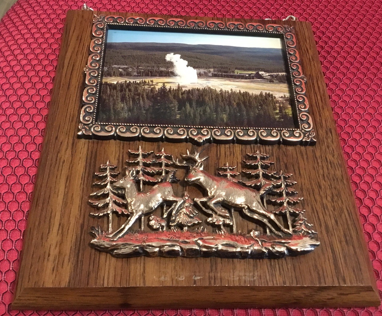 Souvenir Wall Plaque. Old Faithful. Yellow Stone National Park. Deer Framed 0903