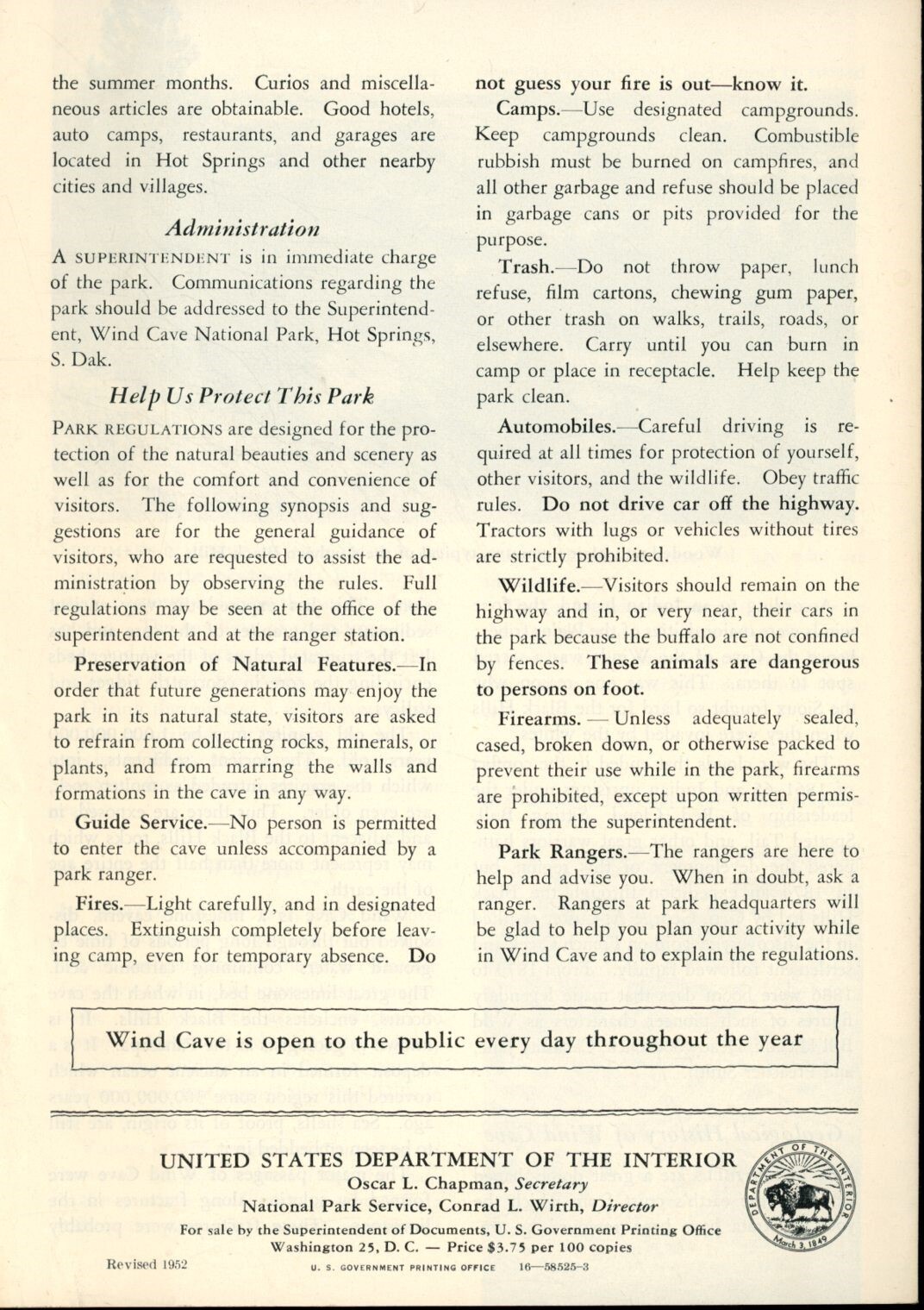 1949 Wind Cave National Park National Parks Service Guide Brochure