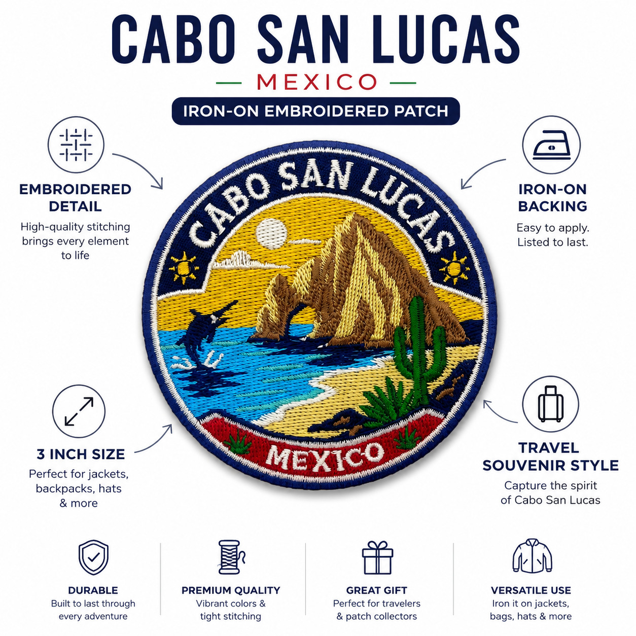 Cabo San Lucas Mexico Patch 3 Inch Iron On Embroidered Beach Sunset Travel Badge
