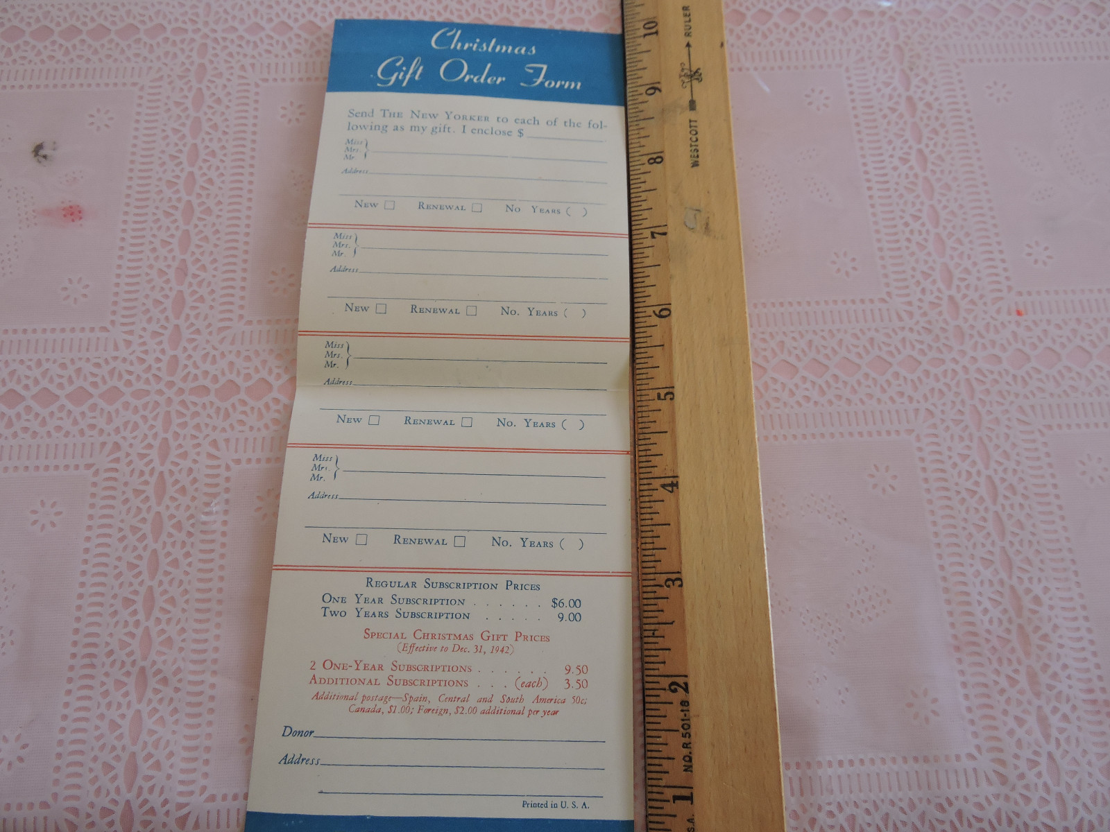 Rare 1930s – ’50s THE NEW YORKER Magazine NYC New York City Signed subscrip Form
