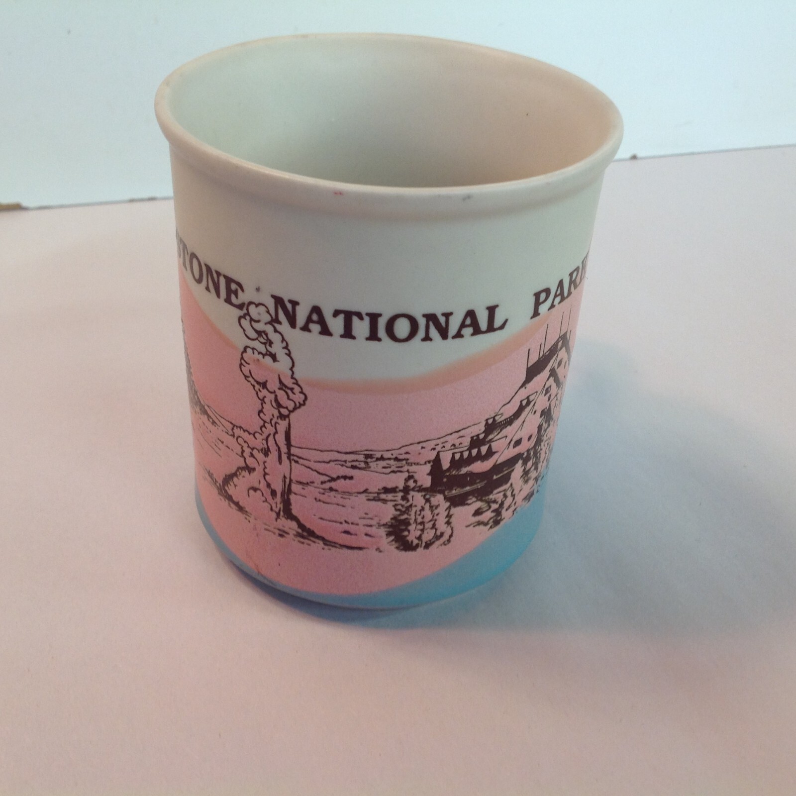 Vintage Souvenir Coffee Mug Yellowstone National Park Pink Blue Cream Buffalo US