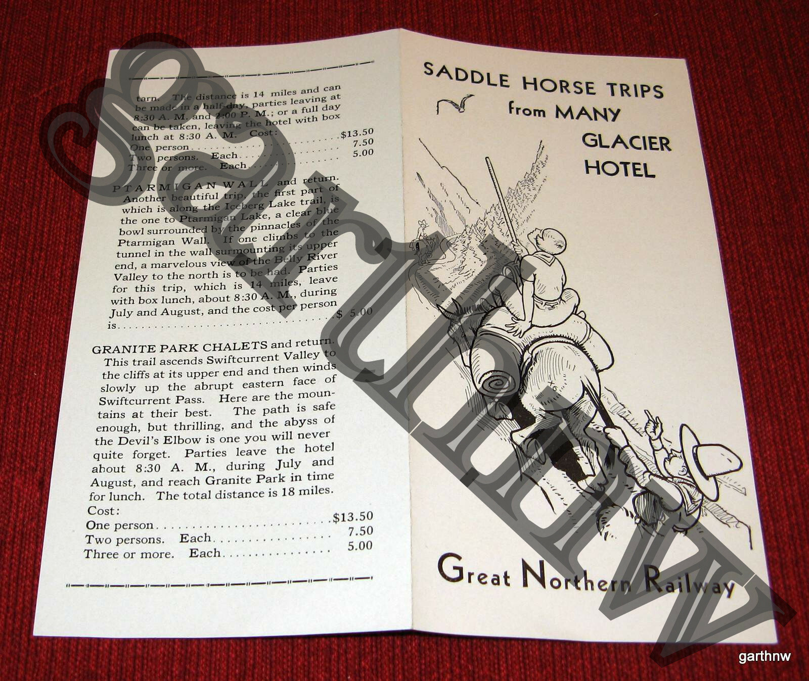 GLACIER NATIONAL PARK VINTAGE $5 SADDLE HORSE BROCHURE * GREAT NORTHERN RAILWAY