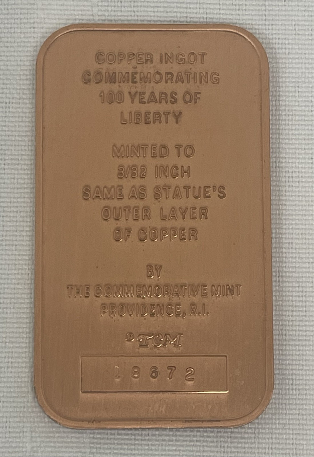 Statue Liberty 100th Anniversary 1886-1986 Commemorative Copper Ingot