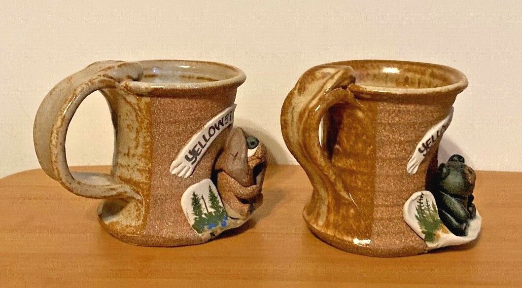 2 Yellowstone Park Souvenir Cups with Clay Ceramic Animal Figures