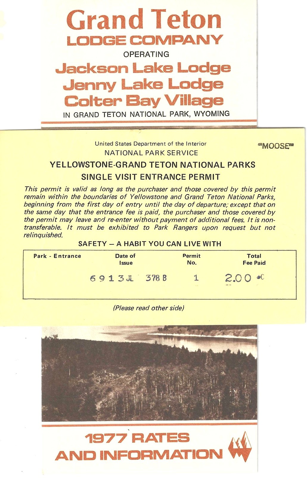 1978 Yellowstone Grand Teton Entrance Permit 1977 Grand Teton Lodge Pamphlet