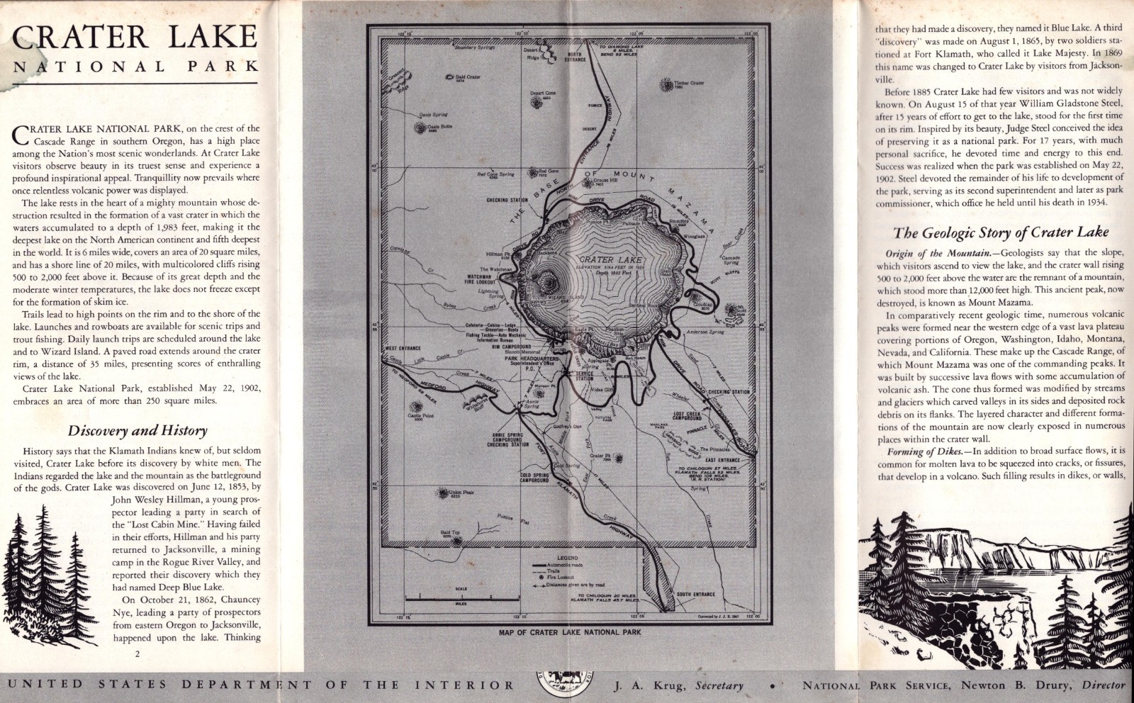 1950 Crater Lake Oregon National Park Vintage Tourist Rules Map Guide Brochure