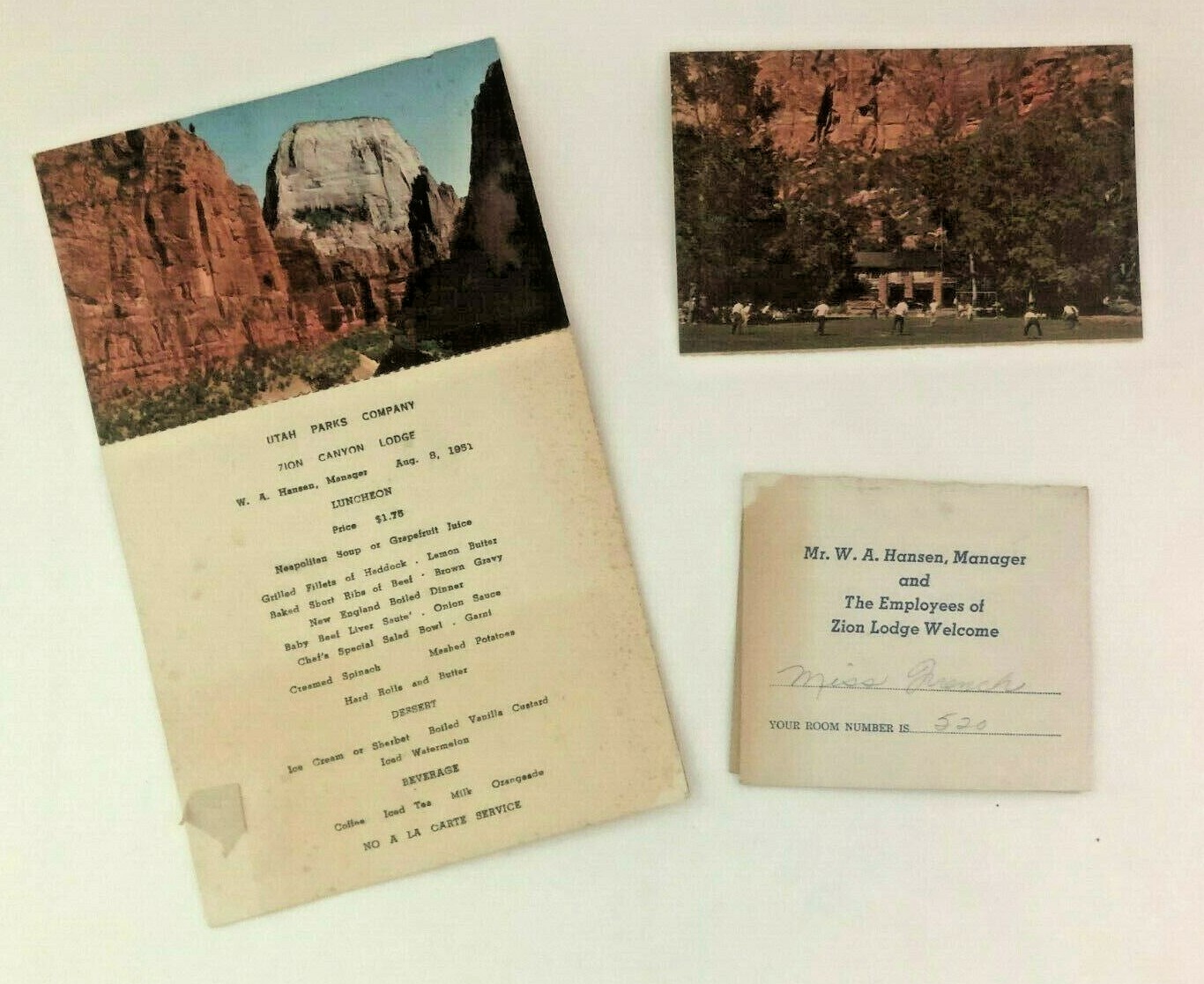 Lot Of 3 Zion National Park Utah Ephemera Menu Zion Lodge Map Post Cards 1951