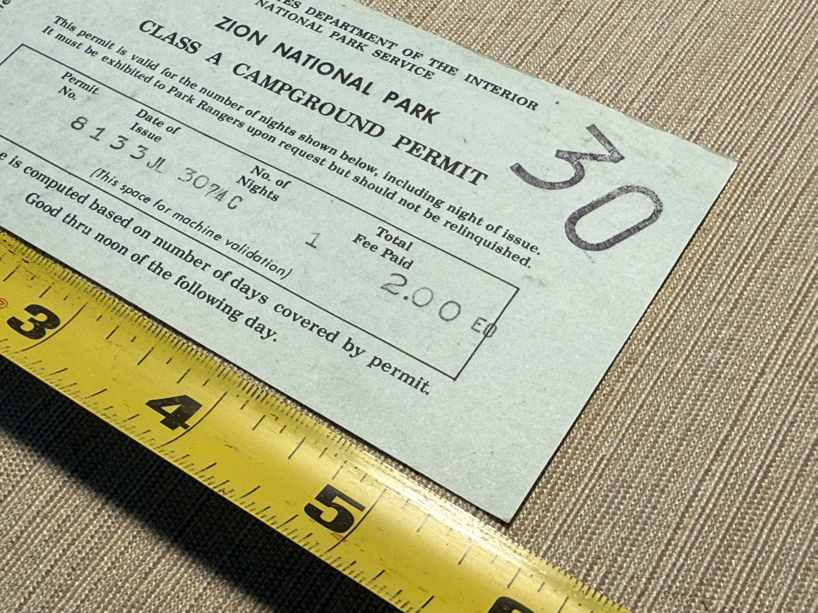 1974 Zion National Park Camping Permit Ticket Stub