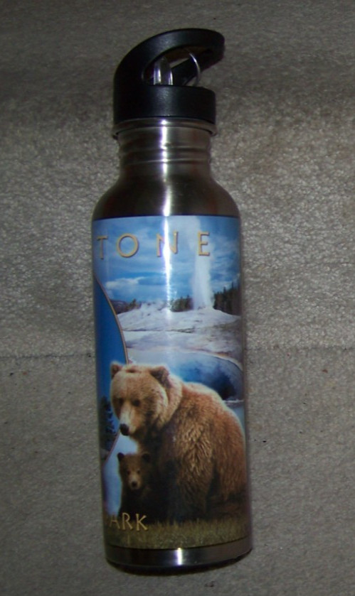 Yellowstone National Park aluminum metal travel bottle Old Faithful bears buffs