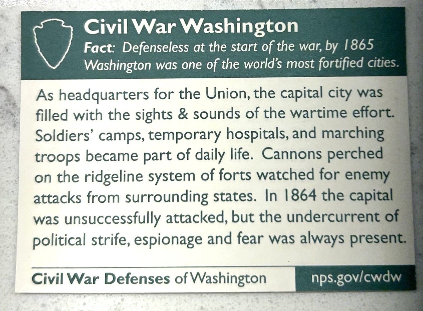 Civil War Defenses of Washington National Park Service Card. 2.5 X 3.5 Inches