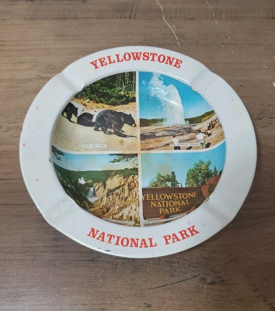 Vintage 5 1/2” Metal Tin Yellowstone National Park Souvenir Ashtray Hong Kong