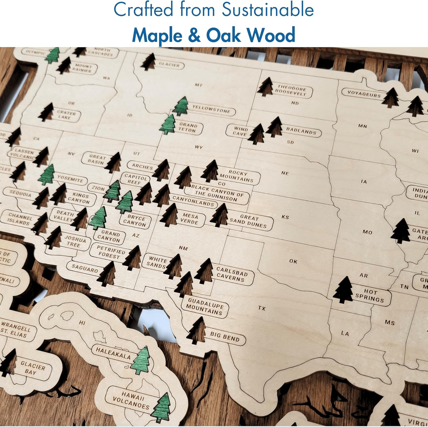 Wooden National Park Map with Push Pin Travel Tracker – All 63 Parks Checklist –