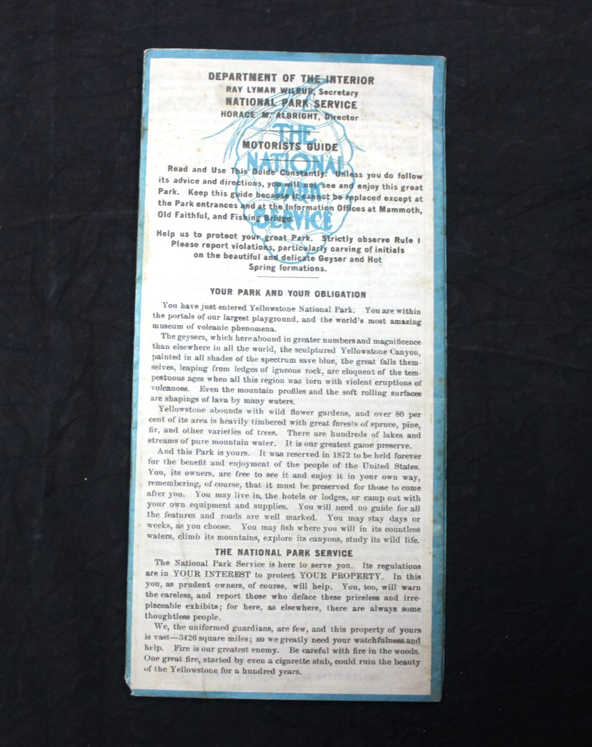 VINTAGE ORIGINAL MOTORISTS GUIDE TO YELLOWSTONE NATIONAL PARK SEASON 1931