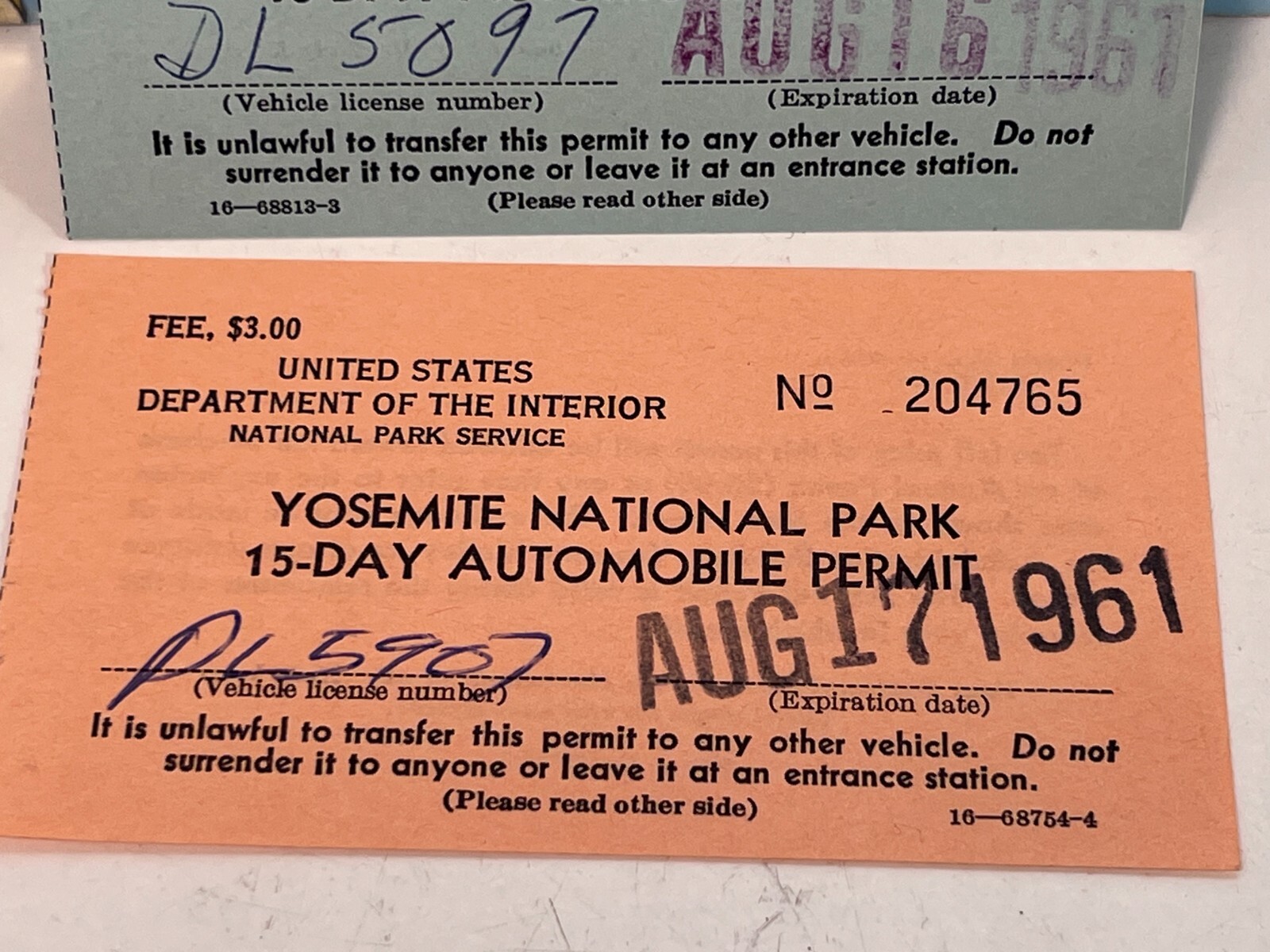 1961 Sequoia Kings Canyon Natl Park parking ticket & Yosemite Natl Park ticket.