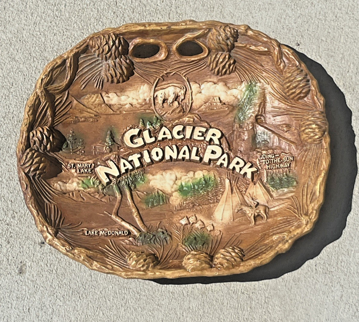 VTG Glacier National Park MT Faux Wood Plastic Shallow Bowl Travel Souviner Wall