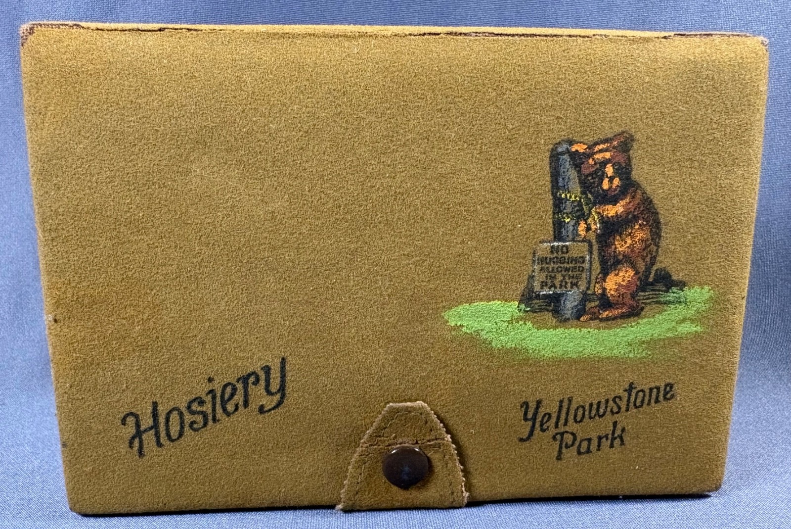 Vintage 1950s Yellowstone Park Suede Hosiery Box Bear Hugging Tree Souvenir Nice
