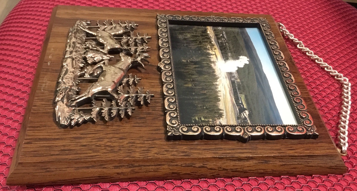 Souvenir Wall Plaque. Old Faithful. Yellow Stone National Park. Deer Framed 0903