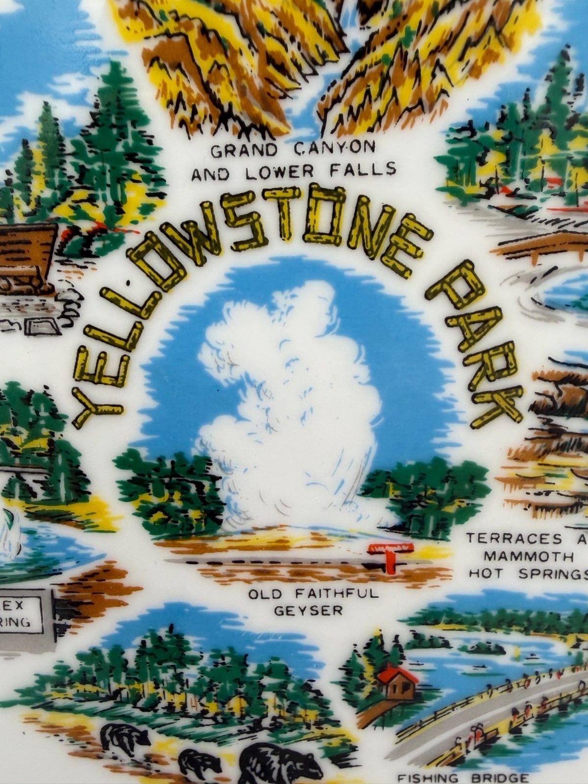 Vintage Yellowstone Park Souvenir Plate Japan Old Faithful Pink Gold Rim 10.25in