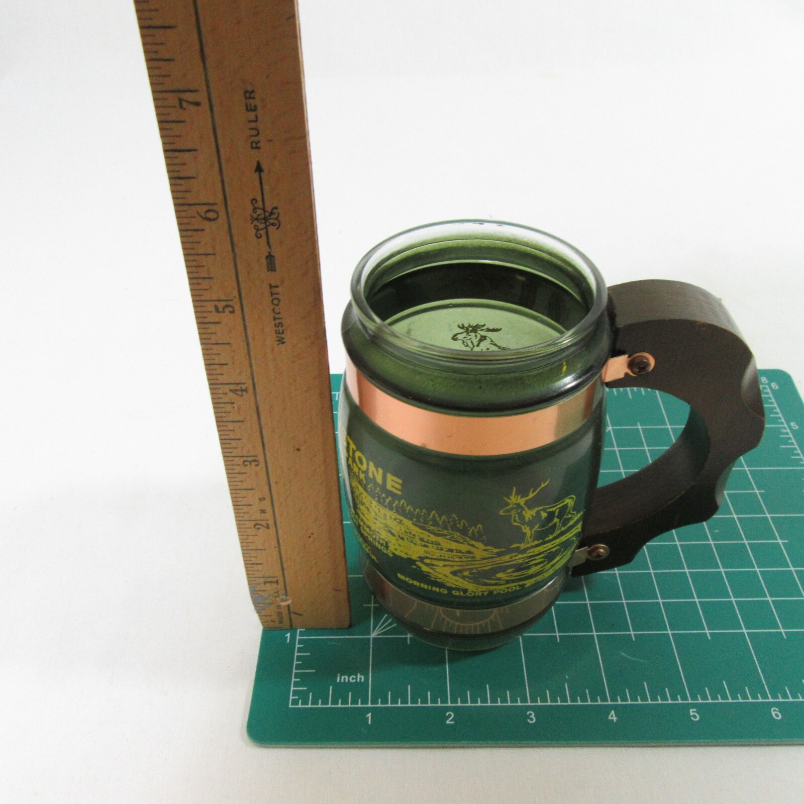 1970s Siesta Ware Souvenir Yellowstone National Park Rare Green Glass Mug w Wood